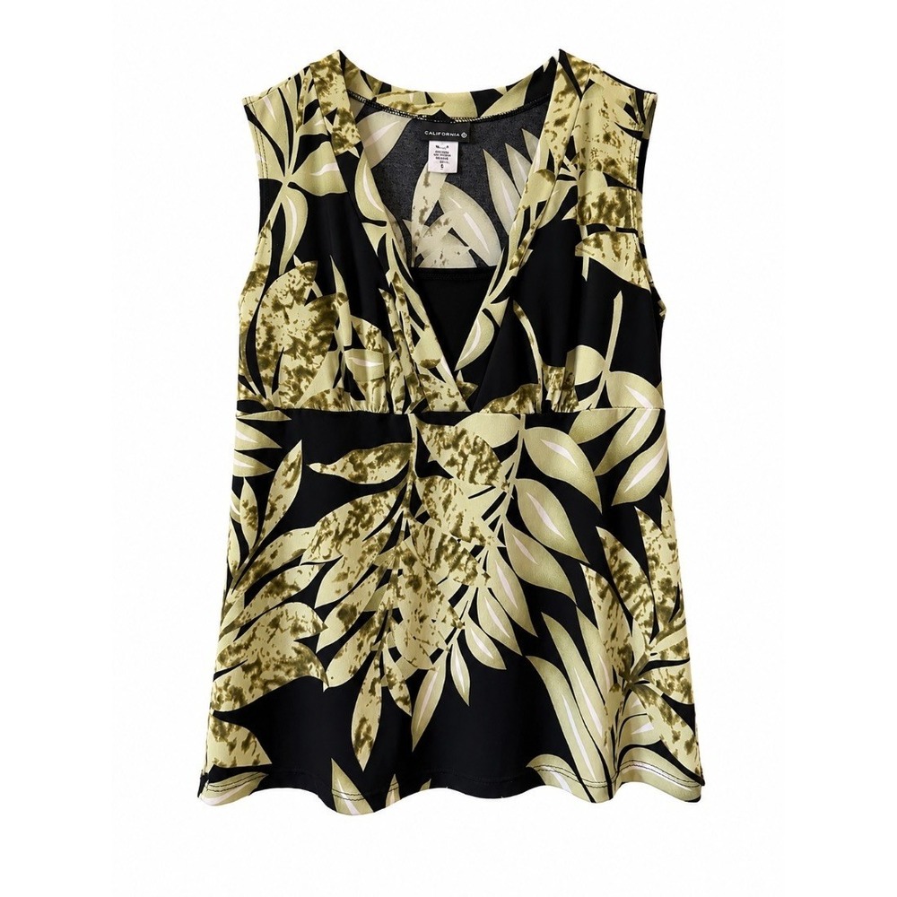 JKLA California Womens‎ Sleeveless Blouse Top Black Green Tropical Print Size L